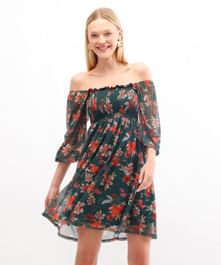 Vestido curto feminino de tule floral verde PP