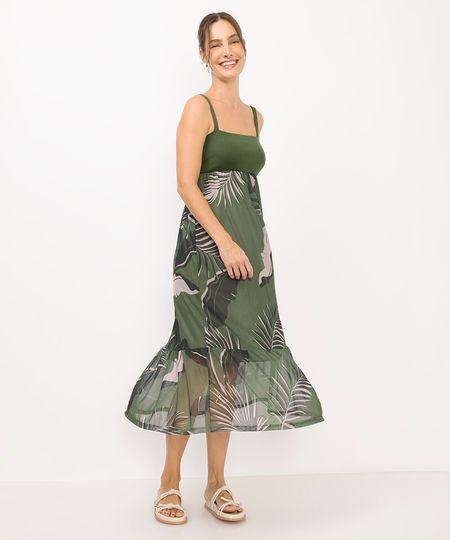 vestido midi feminino de tule folhagem verde P