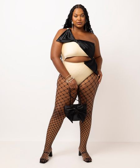 body ombro único acetinado com laços plus size amarelo GG3