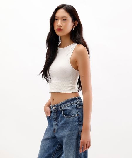 cropped feminino alongado de poliamida chevron off white M cropped feminino alongado de poliamida chevron off white M