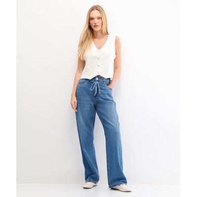calça wide leg feminina jeans com cordão azul