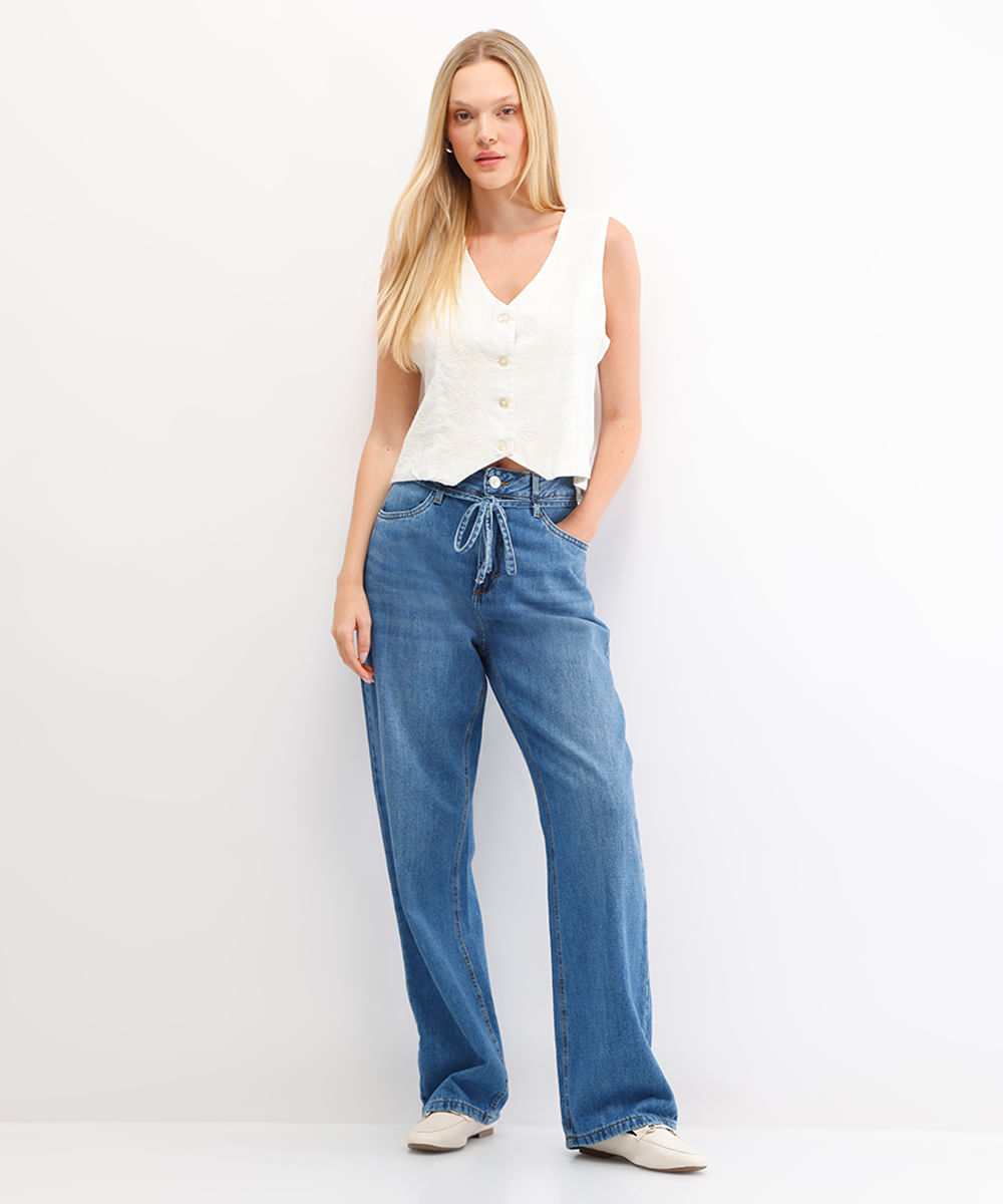 calça wide leg feminina jeans com cordão azul