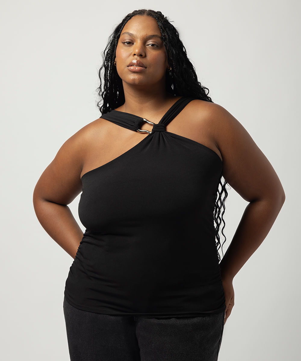 blusa halterneck feminina franzida plus size preto