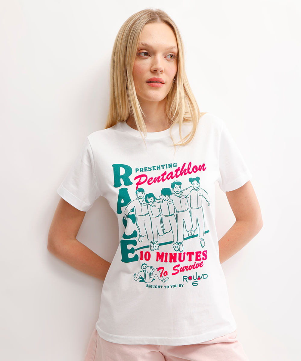 camiseta feminina de algodão round 6 off white