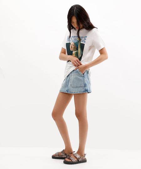 short saia feminino jeans cintura alta azul 36