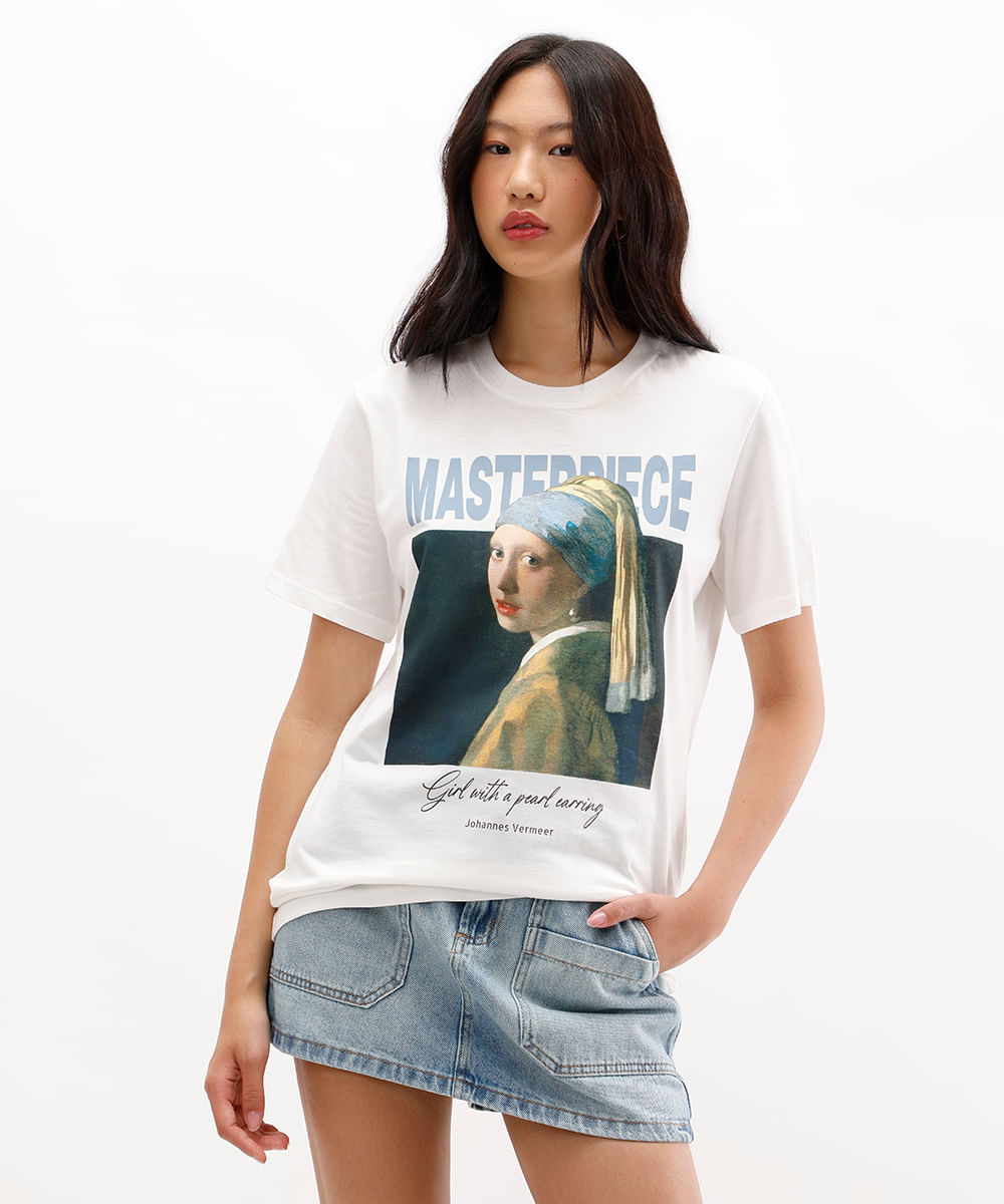 camiseta feminina de algodão girl with a pearl earring off white