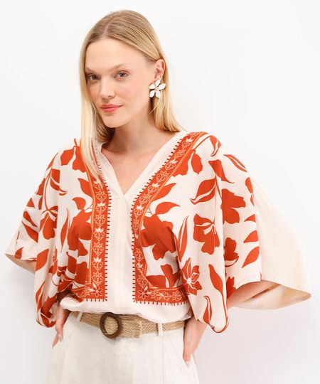 bata feminina de viscose floral laranja PP bata feminina de viscose floral laranja PP