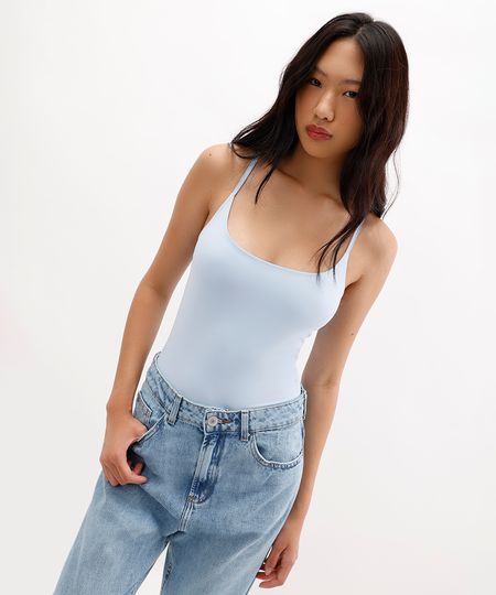 body cavado de poliamida alças finas azul M