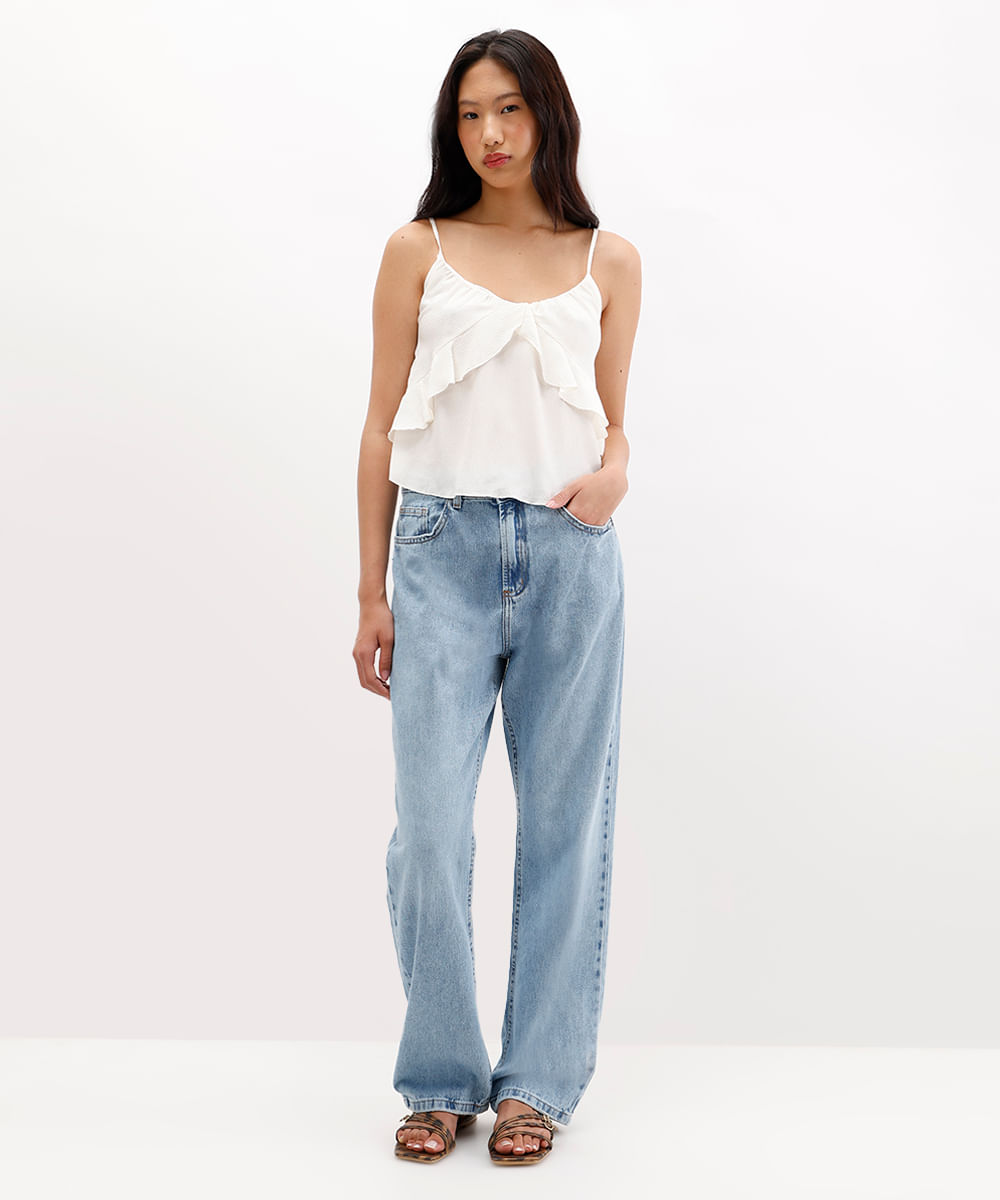 calça reta feminina jeans cintura média azul