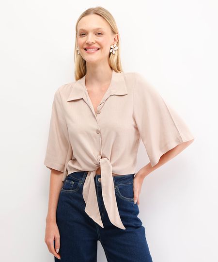 cropped camisa de viscose com nó manga curta lilás - bege claro M