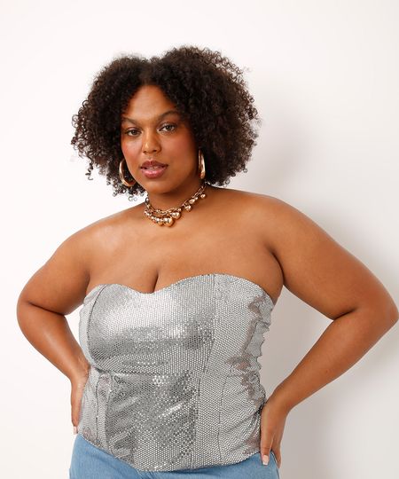 top corset sem alça metalizado plus size prateado GG2