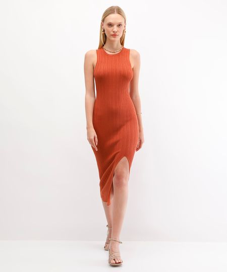 vestido midi feminino de tricot com fenda laranja G