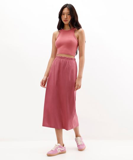 saia midi feminina básica com fenda rosa M