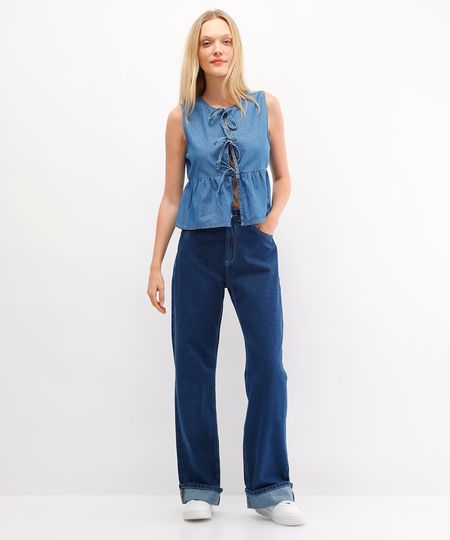 calça wide leg jeans feminina com barra dobrada azul 42