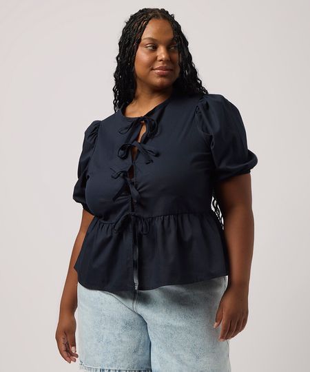 blusa manga bufante com amarração plus size azul GG2