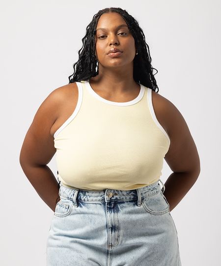 regata plus size de algodão canelada amarela GG