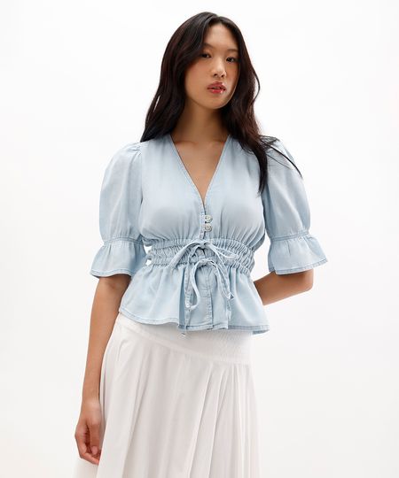 blusa feminina jeans manga bufante azul P blusa feminina jeans manga bufante azul P