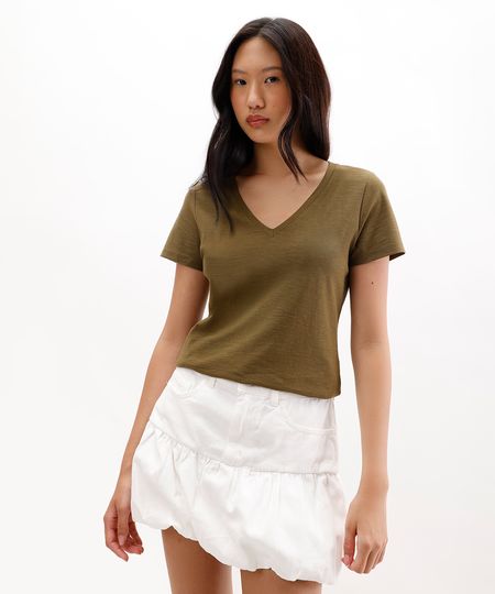blusa básica manga curta decote v verde P