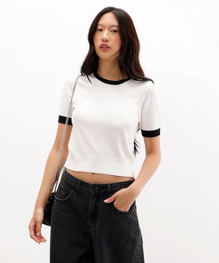 blusa feminina de tricot com tachas bicolor off white M blusa feminina de tricot com tachas bicolor off white M
