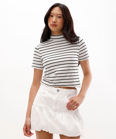 blusa básica de algodão gola alta listrada off white PP