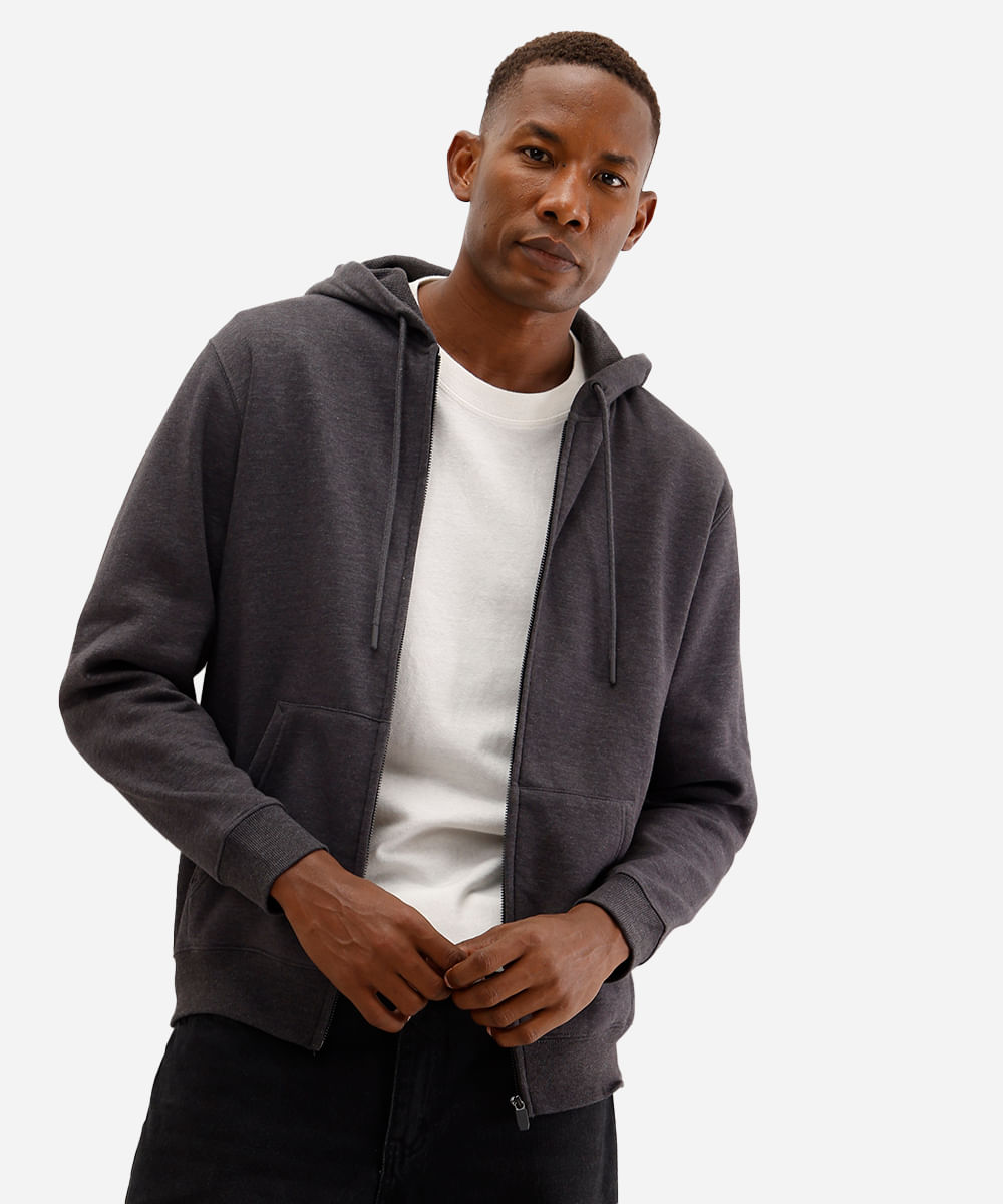 jaqueta básica masculina de moletom com capuz cinza