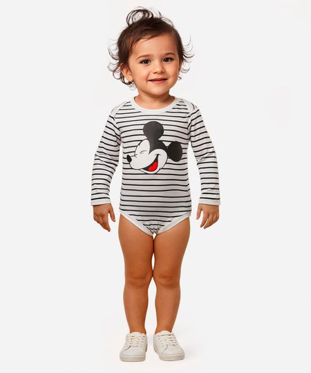 Body Infantil Mickey Listrado Manga Longa Off White 0-3