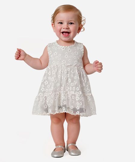 vestido infantil de tule floral off white 0-3
