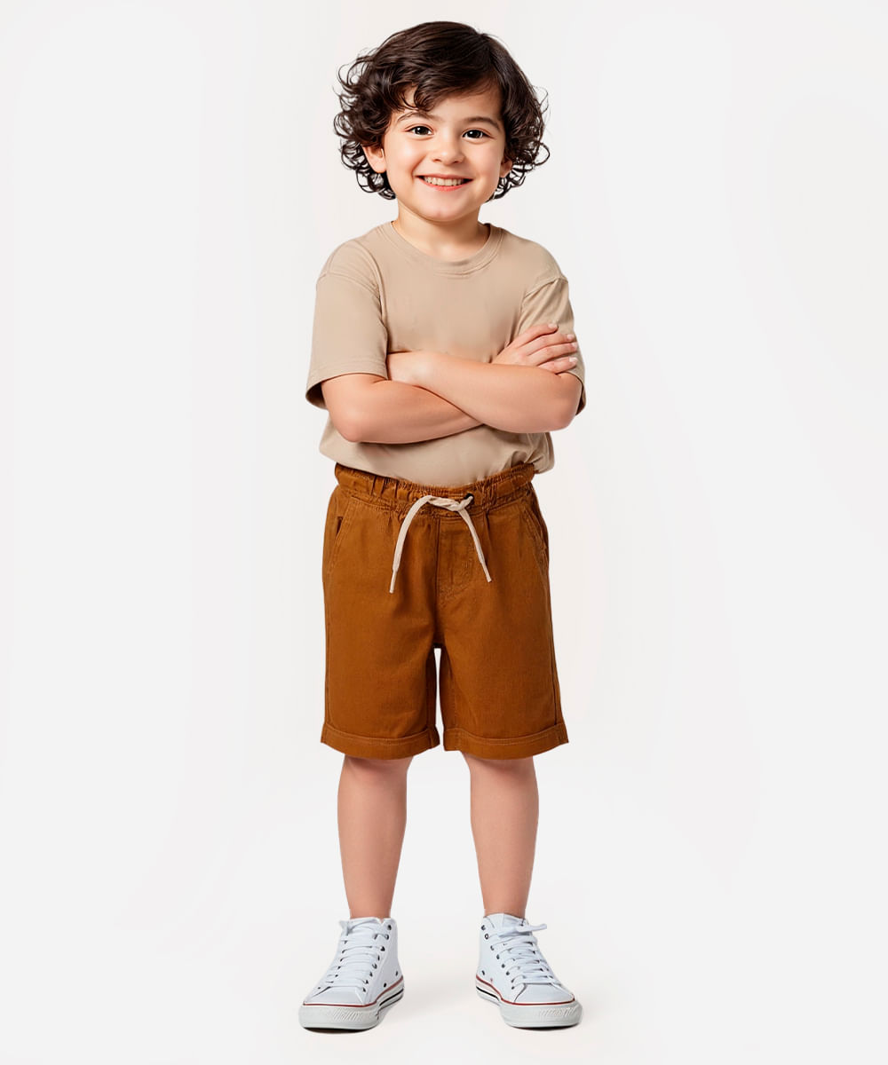 bermuda de sarja infantil com bolsos bege marrom