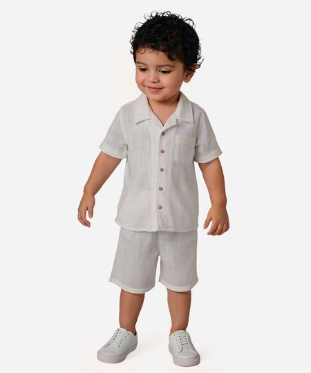 conjunto de algodão texturizado camisa manga curta off white 12-18