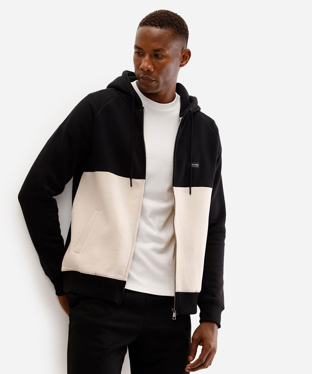 jaqueta masculina de moletom com capuz bicolor preta