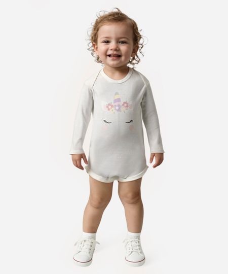 body de algodão infantil manga longa unicórnio off white 3-6