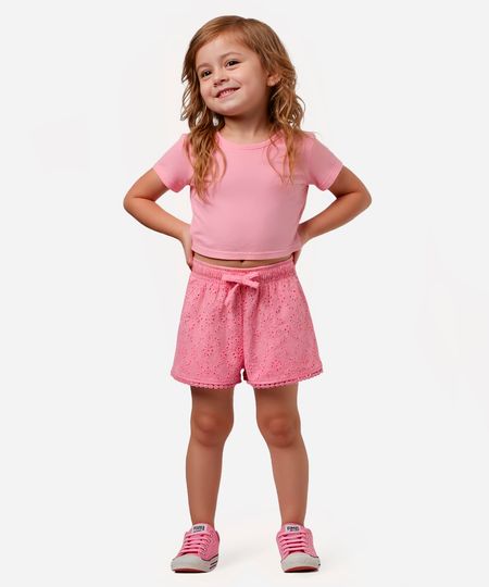 short infantil de algodão com laise rosa 4