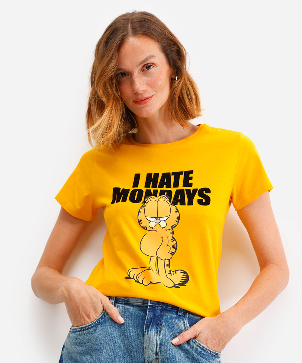 camiseta feminina de algodão garfield amarela
