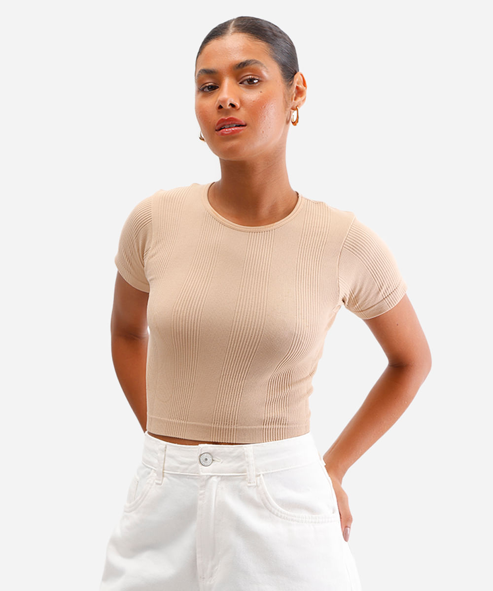 cropped básico feminino de poliamida canelado bege