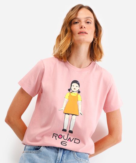 camiseta feminina de algodão round 6 rosa M