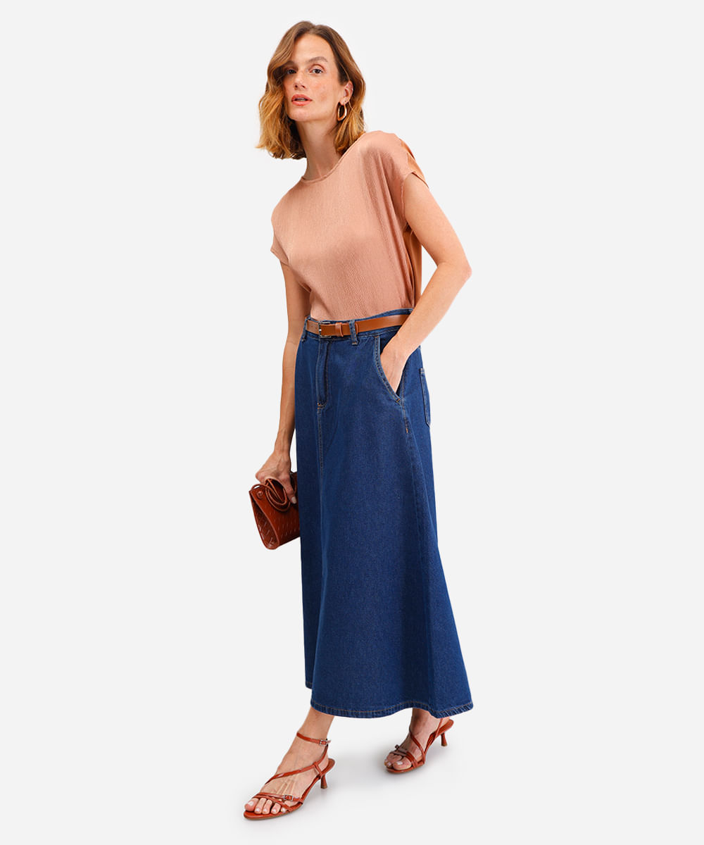 saia longa feminina jeans com cinto azul