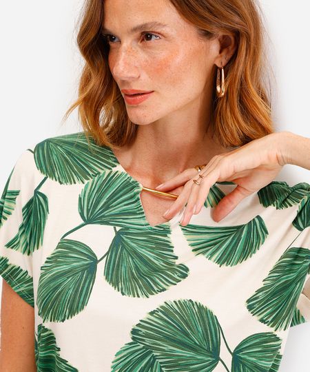 blusa feminina de viscose decote v folhagens bege M