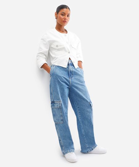calça wide leg feminina jeans cargo azul 44