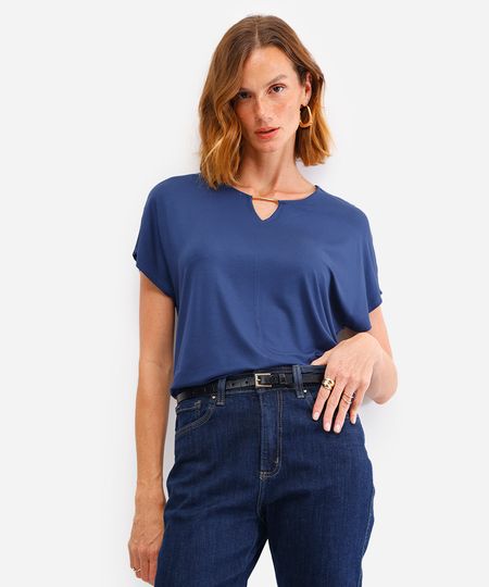 blusa feminina de viscose decote v azul M