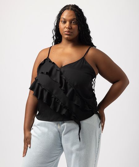 regata feminina com babados mindset plus size preta GG3