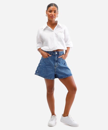 short evasê feminino jeans com bordado azul 36 short evasê feminino jeans com bordado azul 36