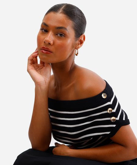 cropped feminino de tricot ombro a ombro listrado preto M cropped feminino de tricot ombro a ombro listrado preto M