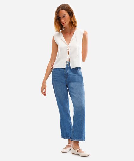 calça reta feminina jeans cropped azul 34