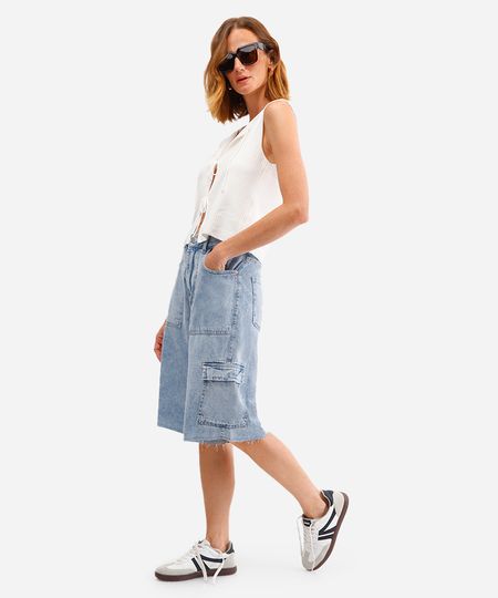 bermuda jorts feminina com bolsos cargo azul 34