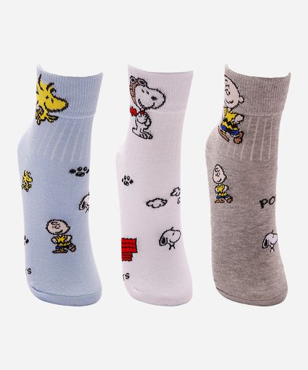 kit de 3 meias cano médio femininas snoopy colorido 34-39