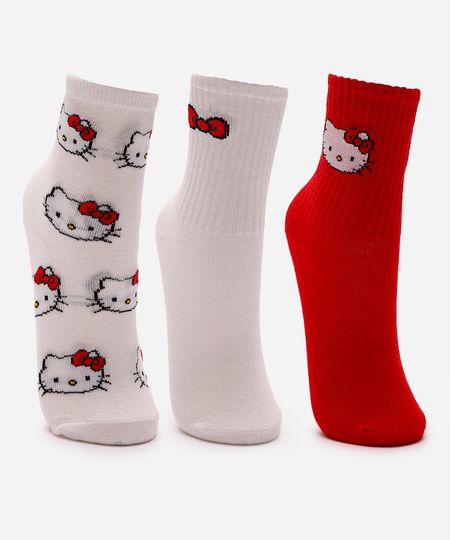kit de 3 meias cano longo infantis hello kitty colorido 22-25 kit de 3 meias cano longo infantis hello kitty colorido 22-25