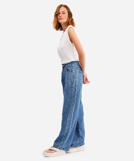calça baggy feminina jeans com bordados azul 34