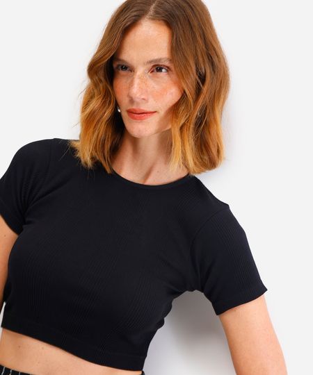 cropped básico feminino de poliamida canelado preto PP