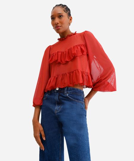 bata feminina de tule manga bufante com babados laranja G bata feminina de tule manga bufante com babados laranja G