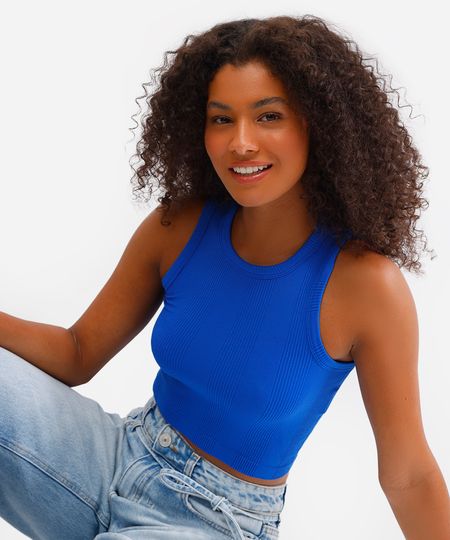 cropped feminino de poliamida canelada azul P